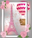 Vintage France poster design. romantic background with Eiffel tower and roses