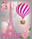 Vintage France poster design. romantic background with Eiffel tower and roses