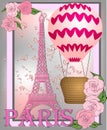 Vintage France poster design. romantic background with Eiffel tower and roses