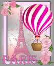 Vintage France poster design. romantic background with Eiffel tower and roses