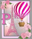 Vintage France poster design. romantic background with Eiffel tower and roses