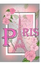 Vintage France poster design. romantic background with Eiffel tower and roses