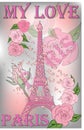 Vintage France poster design. romantic background with Eiffel tower and roses