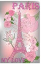 Vintage France poster design. romantic background with Eiffel tower and roses