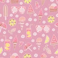 Vintage fresh hand drawn summer articles like ice creams, lemons, sunglasses, fish, lemonade vector repeating pattern on pink