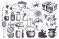 Vintage fset of hand drawn SPA and Beauty illustrations. Cosmetics and aromatic ingredients collection. Vector healthy life eleme