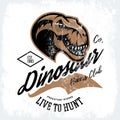 Vintage furious dinosaur bikers gang club tee print vector design. Royalty Free Stock Photo