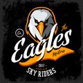 Vintage furious eagle bikers gang club vector logo concept isolated on black background.