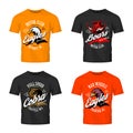 Vintage furious eagle, boar, cobra bikers club tee print vector design isolated on t-shirt mockup.