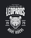 Vintage furious leopard custom motors club t-shirt vector logo on dark background.