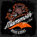 Vintage furious woolly mammoth bikers gang club tee print vector design. Street wear t-shirt emblem.