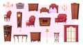 Vintage furniture. Old style collection interior tools shelves sofas armchairs and bookcases exact vector cartoon