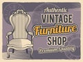 Vintage furniture poster. Ads placard with retro wardrobe table sofa chairs and place for text recent vector template