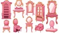 Vintage furniture set for a princess' room. Illustration depicts a dressing table, mirror, chair, bookcase, and girl Royalty Free Stock Photo
