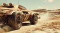Vintage futuristic vehicle drives on desert, rover race on space planet like Mars, fantastic movie scene with sports car. Concept