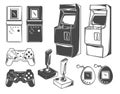 Vintage games illustrations - tetris, arcade machine, play station, tamagotchi