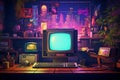 A vintage gaming scene with retro pixel art aesthetics and glitch effects, appealing to both gamers and retro enthusiasts.