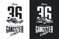 Vintage Gangster Vehicle Black And White Isolated Vector Logo.