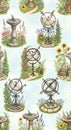 Vintage Garden Sundials and Armillary Spheres Pattern Royalty Free Stock Photo