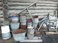 Vintage gardening items. Russian village. Royalty Free Stock Photo