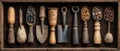 Vintage Gardening Tools and Seeds in Wooden Box Royalty Free Stock Photo