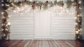 a vintage garland elegantly laid out on a white wooden table, surrounded by antique Christmas decorations, with ample