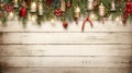 a vintage garland elegantly laid out on a white wooden table, surrounded by antique Christmas decorations, with ample