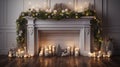 a vintage garland elegantly laid out on a white wooden table, surrounded by antique Christmas decorations, with ample