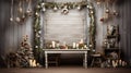 a vintage garland elegantly laid out on a white wooden table, surrounded by antique Christmas decorations, with ample