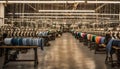 Vintage garment factory interior with rows of industrial sewing machines,