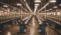 Vintage garment factory interior with rows of industrial sewing ,