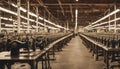 Vintage garment factory interior with rows of industrial sewing