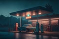 Vintage gas station in the mountains. 3d render illustration. Royalty Free Stock Photo