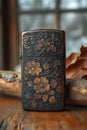 A vintage gasoline lighter for cigars stands on a stand on the table Royalty Free Stock Photo