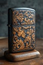 A vintage gasoline lighter for cigars stands on a stand on the table Royalty Free Stock Photo