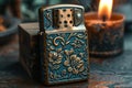 A vintage gasoline lighter for cigars stands on a stand on the table Royalty Free Stock Photo