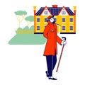 Vintage Gentleman Character Wearing Hat and Retro Coat Holding Walking Cane in Hand Stand front of Beautiful Cottage