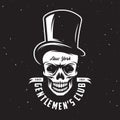 Vintage gentleman club emblem with skull in tall hat. Vector illustration.