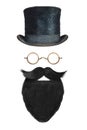 Vintage gentleman hat, glasses and black beard with curly mustac