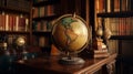 Vintage geographic globe on the background of bookshelves. Science, education, History and geography