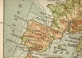 A vintage geographical map showing the Iberian Peninsular in sepia.