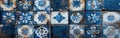 Vintage Geometric Floral Mosaic Tiles on Worn Blue and White Grunge Background for Seamless Panoramic Wall Texture or Banner Royalty Free Stock Photo