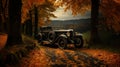 Vintage german car on the road in autumn forest. Retro second world war period