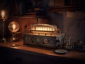 Vintage ghost box with glowing tube lamps in old-fashioned interior. Generative AI