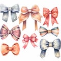 vintage gift bow set, water color painted style isolated illustration Royalty Free Stock Photo