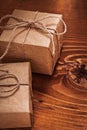 Vintage giftboxes on old wooden board