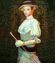 Vintage girl with a parasol in a steampunk room