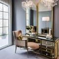 9 A vintage glam dressing room with a velvet chaise lounge, mirrored vanity, and crystal chandelier3, Generative AI