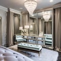 9 A vintage glam dressing room with a velvet chaise lounge, mirrored vanity, and crystal chandelier4, Generative AI