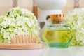 Vintage glass bottle with cosmetic oil massage oil, tincture, infusion, extract, wooden hair brush and white hortensia flowers. Royalty Free Stock Photo